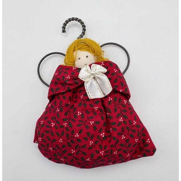 Fabric Holly Angel Christmas Tree Ornament Red Gown Handmade Folk Art Holiday - Picture 6 of 6
